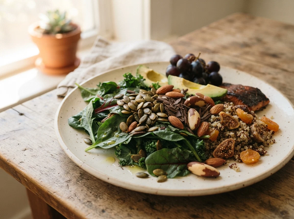 Magnesium-rich pumpkin seeds, almonds, and other mineral sources