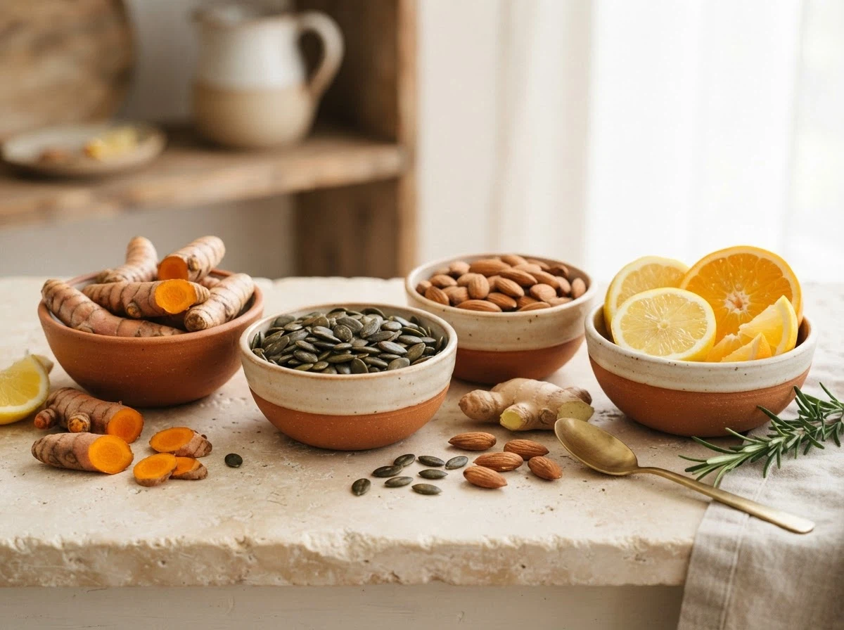 Velis ingredients: vitamins and minerals in colorful bowls